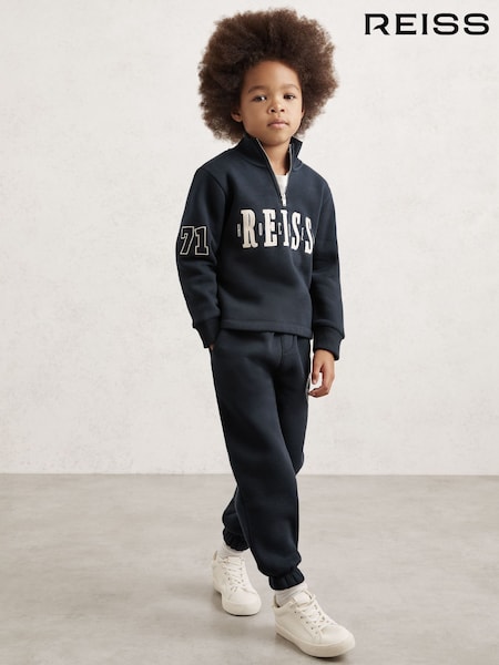 Reiss Navy Martin 9-13 yrs Cotton-Blend Half-Zip Embroidered Sweatshirt (H83295) | £46