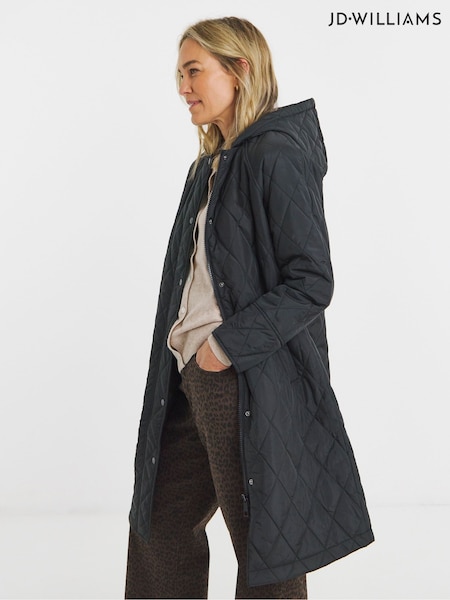 JD Williams Black Shower Resistant Longline Hooded Quilted Coat (H83662) | £65