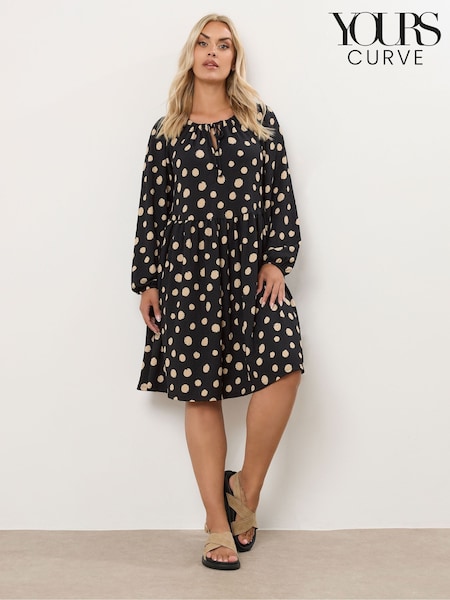Yours Curve Black Dot Tie Neck Dress (H83685) | £34