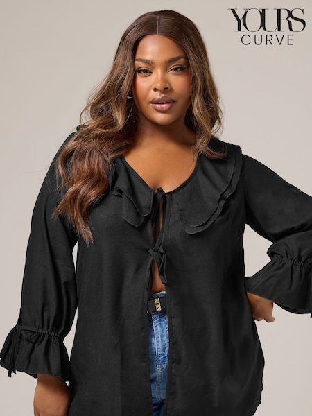 Yours Curve Black Ruffle Tie Front Cover-Up (H83707) | £29