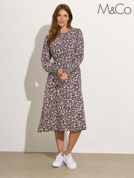 M&Co Red Printed Long Sleeve Midi Dress (H83711) | £39