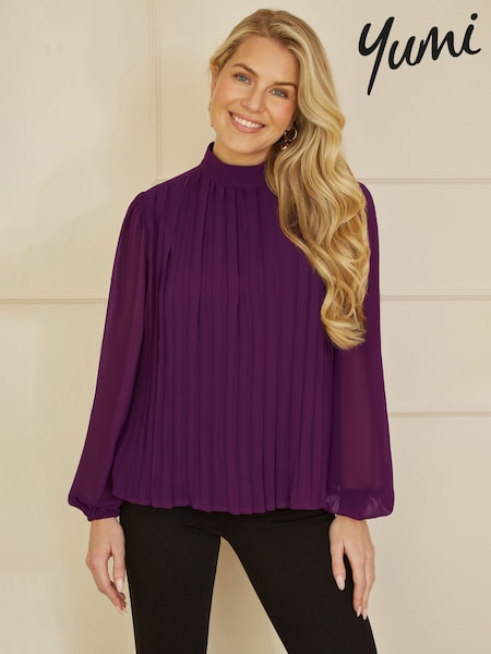 Yumi Purple Pleated Long Sleeve Top With High Neck (H83762) | £40