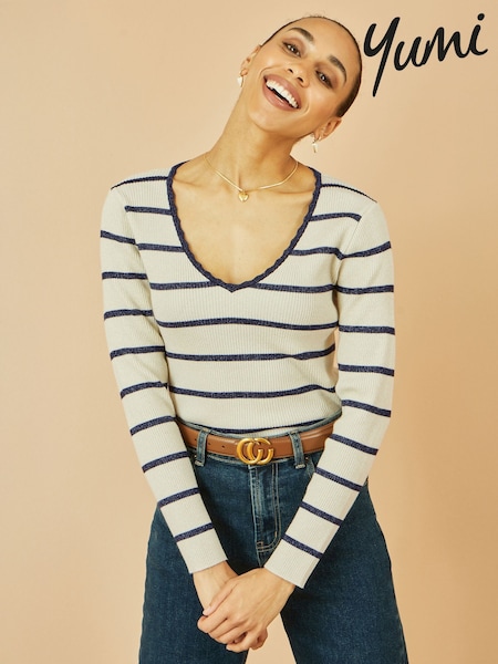 Yumi Cream Metallic Stripe Knitted Ribbed Top (H83765) | £0
