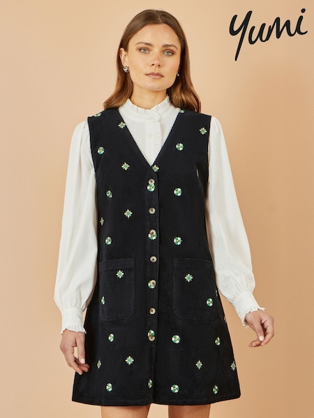Yumi Black Flower Embroidered Button-Up Pinafore Dress (H83767) | £65