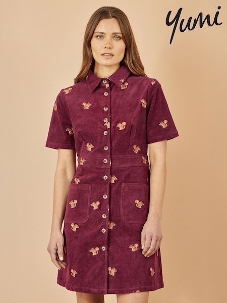Yumi Red Cord Shirt Dress With All Over Squirrel Embroidery (H83772) | £0