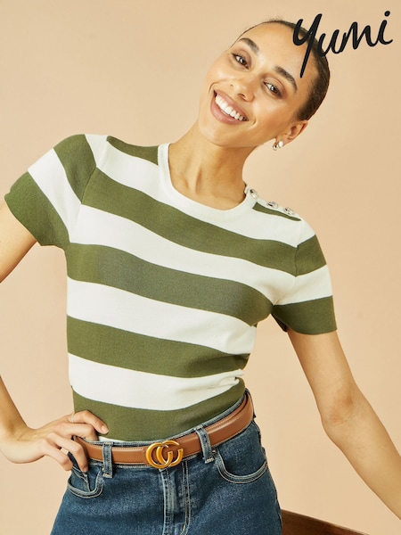 Yumi Green Block Stripe Knitted Top With Button Details (H83779) | £0