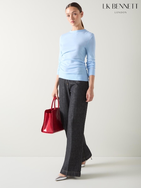 LK Bennett Blue Dora Plain Cotton Gathered Long Sleeve Top (H83838) | £149