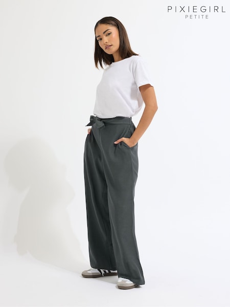 PixieGirl Petite Grey Relaxed Self Belt Wide Leg Trousers (H84574) | £34