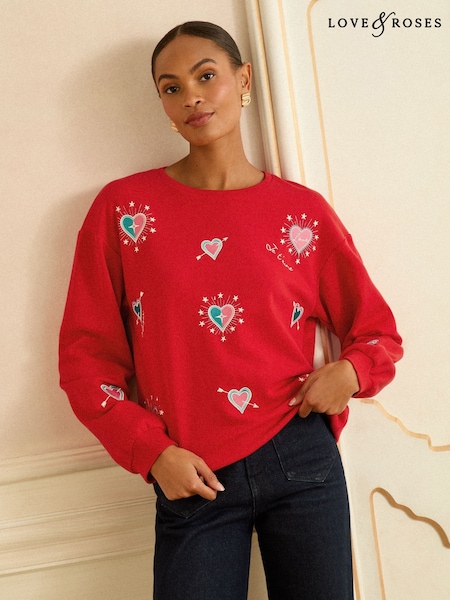 Love & Roses Red Heart Embroidery Crew Neck Jersey Sweatshirt (H85126) | £38