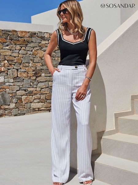 Sosandar White Pinstripe Linen Blend Wide Leg Trousers (H85172) | £0