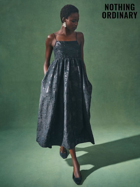 Nothing Ordinary Black Strappy Jacquard Midi Dress (H85525) | £129