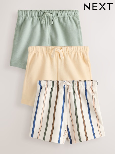 Sage Green Soft Yellow and Pastel Stripe Textured Shorts 3 Pack (3mths-7yrs) (H85597) | £0