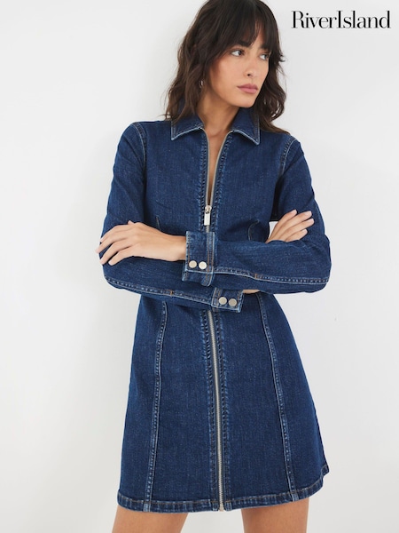 River Island Blue Zip Front Mini Denim Dress (H85603) | £54