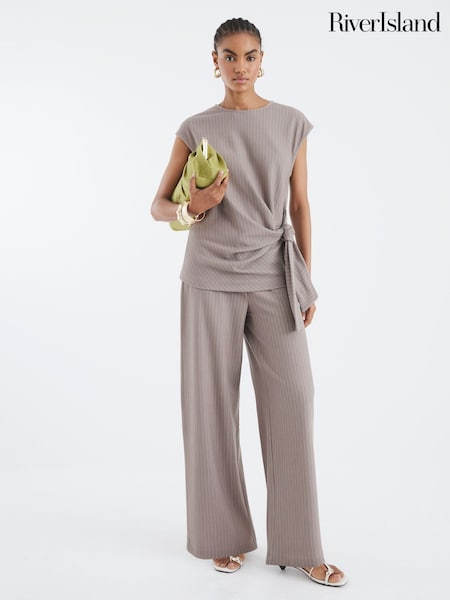 River Island Brown Beige Drawstring Pinstripe Trousers Set (H85610) | £39