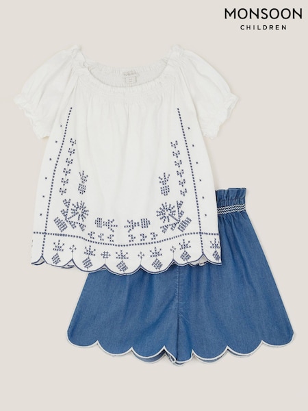 Monsoon Blue Embroidered Top & Scallop Shorts Set (H85664) | £34 - £39