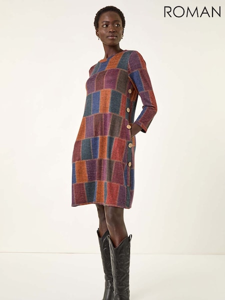 Roman Red Patchwork Button Swing Dress (H85830) | £48