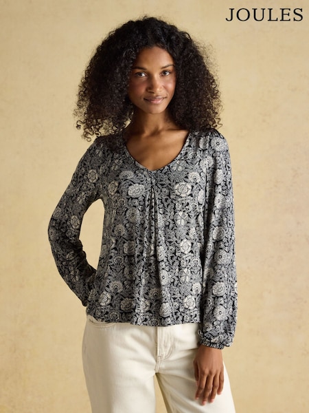 Joules Nia Black Floral Long Sleeve Pleated Front Jersey Top (H85926) | £36