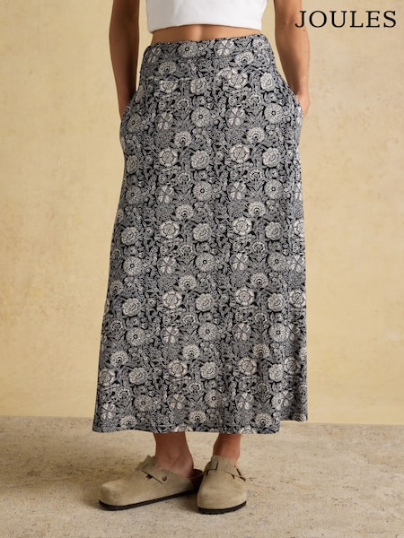 Joules Nia Black Floral Jersey Midi Skirt (H86488) | £39