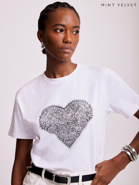 Mint Velvet White Lace Heart Graphic Print T-Shirt (H86511) | £45