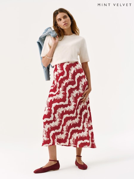 Mint Velvet Red Abstract Floral Print Slip Skirt (H86525) | £99