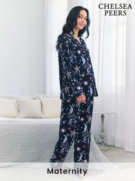 Chelsea Peers Blue Maternity Cotton Mystic Moon Print Long Pyjamas Set (H86624) | £55