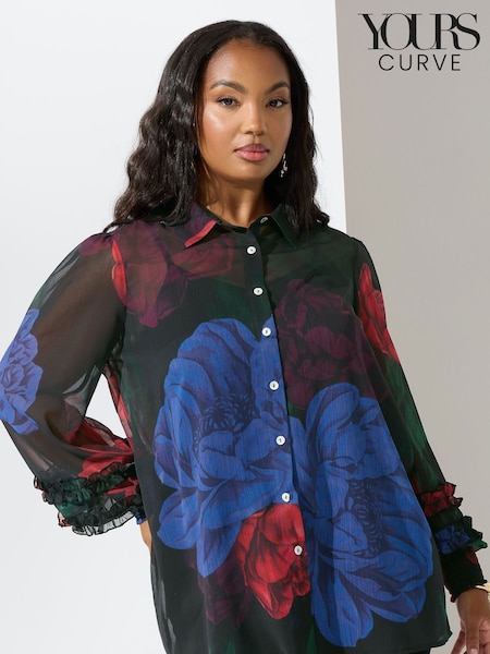 Yours Curve Black London Cuffed Ruffle Shirt (H86744) | £39