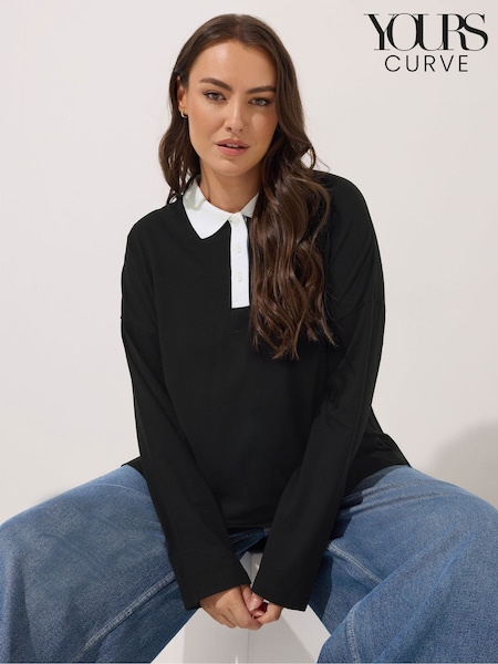 Yours Curve Black Long Sleeve Collar Rugby Top (H86757) | £22