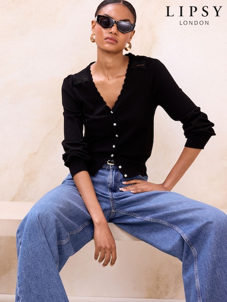 Lipsy Black Lace Insert Detail V-Neck Long Sleeve Knitted Cardigan (H86774) | £32