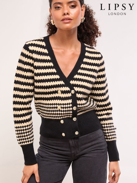 Lipsy Black/White Double Breasted Buttoned V-Neck Stripe Long Sleeve Knitted Cardigan (H86776) | £46