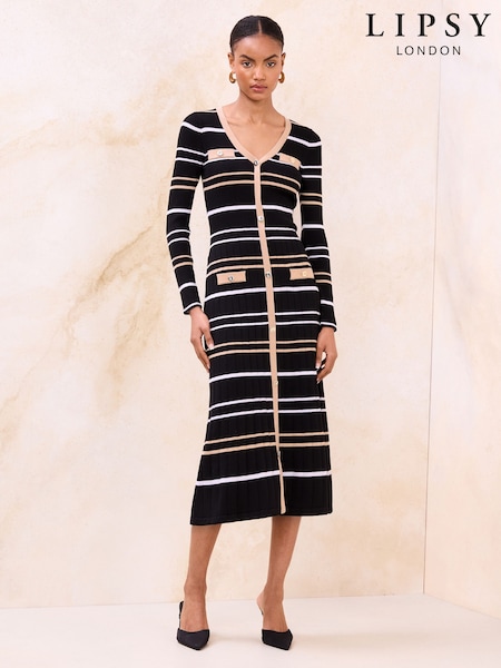 Lipsy Camel/Black Stripe V-Neck Ribbed Long Sleeve Midi Knitted Dress With Wool (H86791) | £60