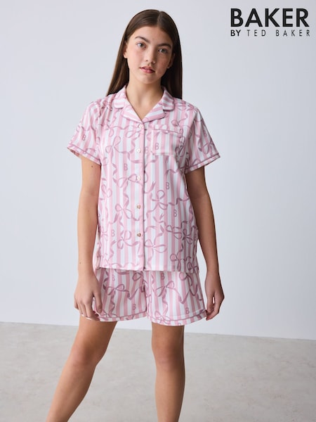 Baker by Ted Baker Pink Satin Bow Stripe Shirt & Short Pyjamas Set (H86818) | £30 - £34