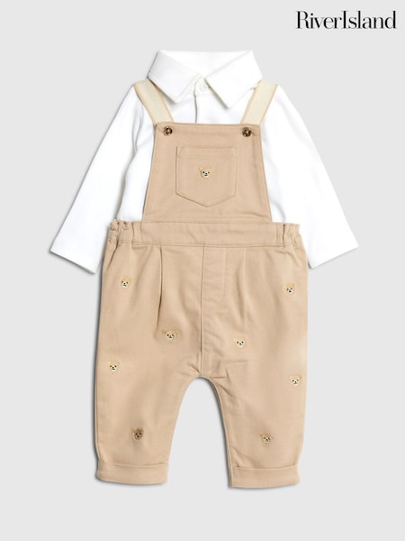 River Island Brown Baby Boys Bear Dungarees Set (H86823) | £29