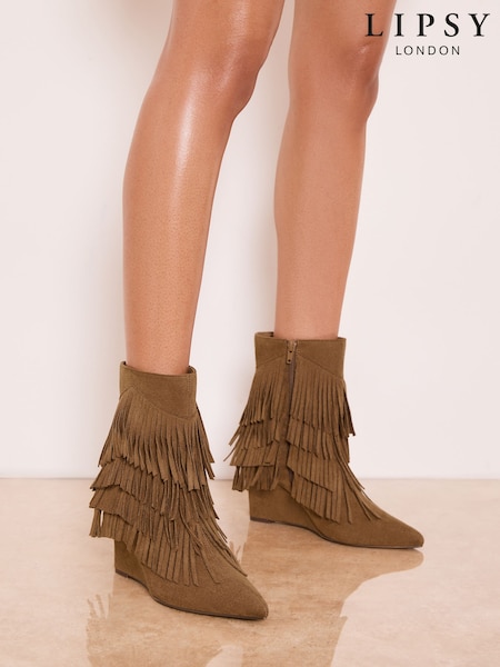 Lipsy Taupe Faux Suede Fringe Mid Wedge Smart Ankle Boots (H86888) | £64