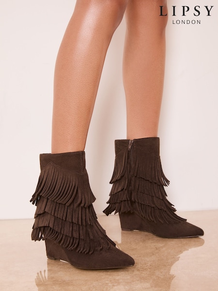 Lipsy Chocolate Brown Faux Suede Fringe Mid Wedge Smart Ankle Boots (H86892) | £64