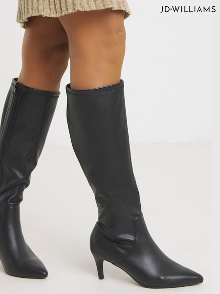 JD Williams Black Wide Fit Kitten Heel Knee High Sock Boots In Curvy Calf (H87008) | £60