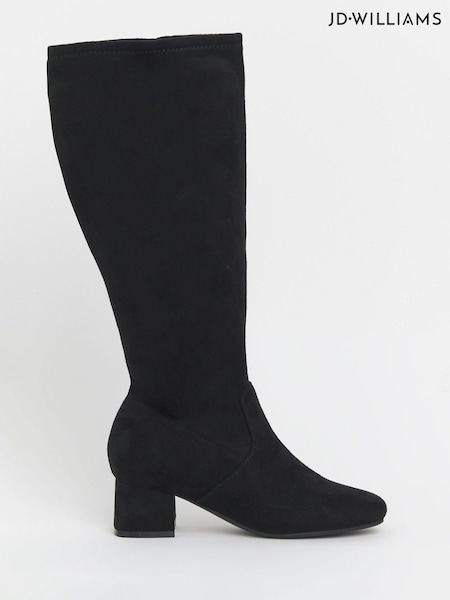 JD Williams Black Extra Wide Fit Low Block Heel Knee High Sock Boots In Standard Calf (H87015) | £70