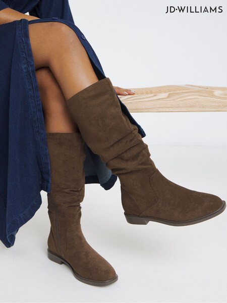 JD Williams Brown Wide Fit Knee High Ruched Boots In Standard Calf (H87017) | £60