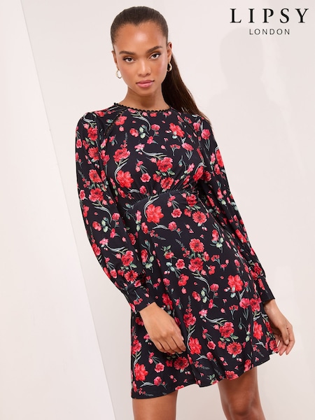 Lipsy Black Mini Floral Lace Trim Jersey Underbust Dress (H87085) | £49