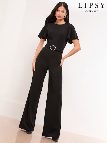 Lipsy Black Petite Hardware Belted Short Sleeve Jumpsuit (H87086) | £59