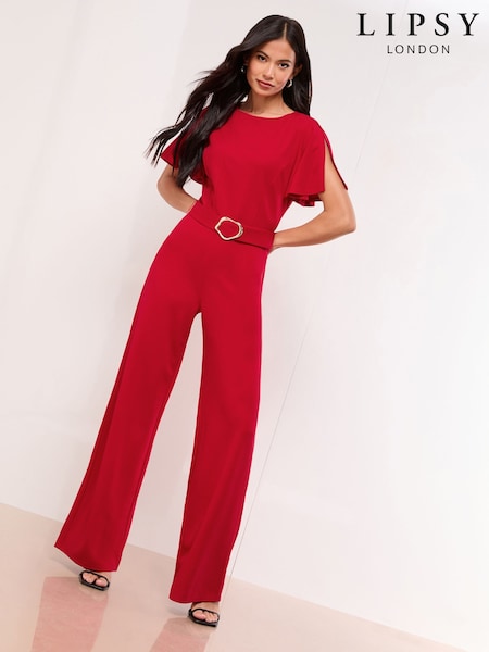 Lipsy Red Petite Hardware Belted Short Sleeve Jumpsuit (H87087) | £59