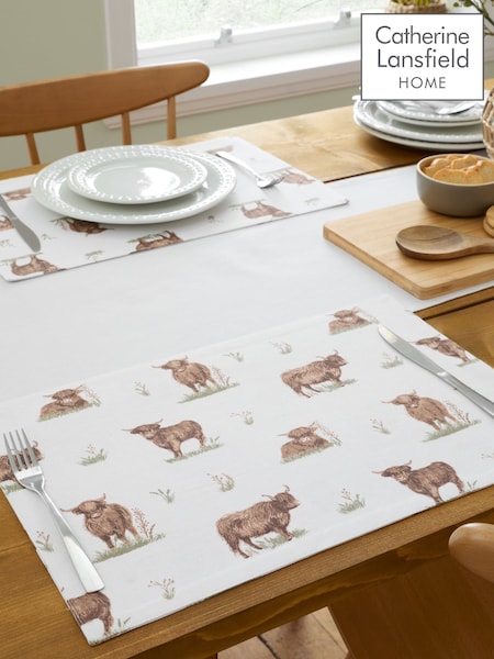Catherine Lansfield Natural Angus Highland Cow Cotton Dining Placemat (H87122) | £18