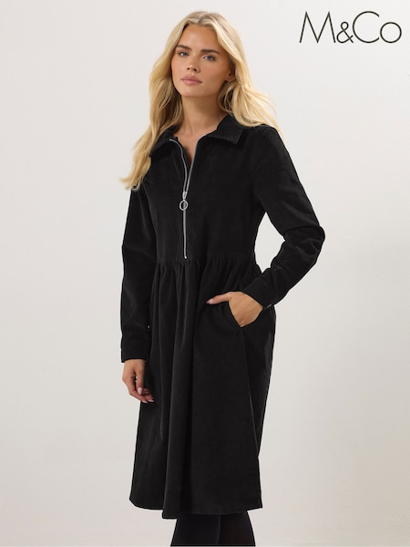 M&Co Black Petite Cord Half Placket Dress (H87195) | £47