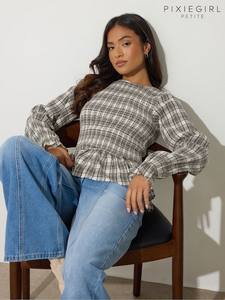 PixieGirl Petite Brown Check Shirred Long Sleeve Top (H87211) | £31