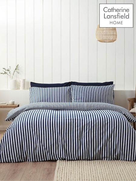 Catherine Lansfield Navy Blue Brushed Stripe Cotton Reversible Duvet Cover Set (H87250) | £22 - £45