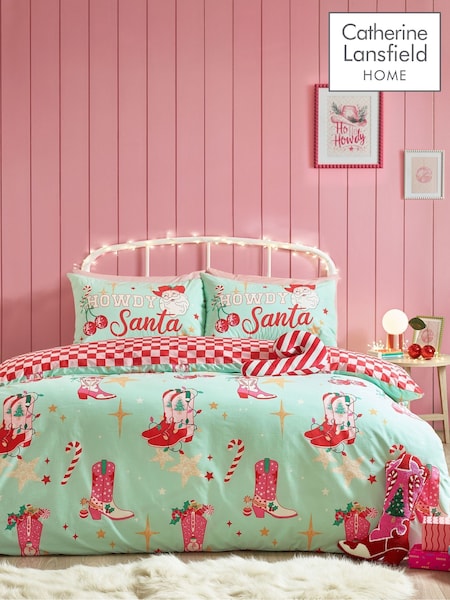Catherine Lansfield Green Santas Howdy Christmas Reversible Duvet Cover Set (H87253) | £17 - £28