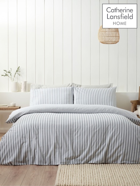 Catherine Lansfield Silver Grey Brushed Stripe Cotton Reversible Duvet Cover Set (H87257) | £22 - £45