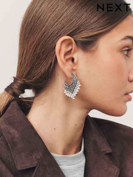 Burnished Silver Tone Drop Hoop Earrings (H87315) | £10.50