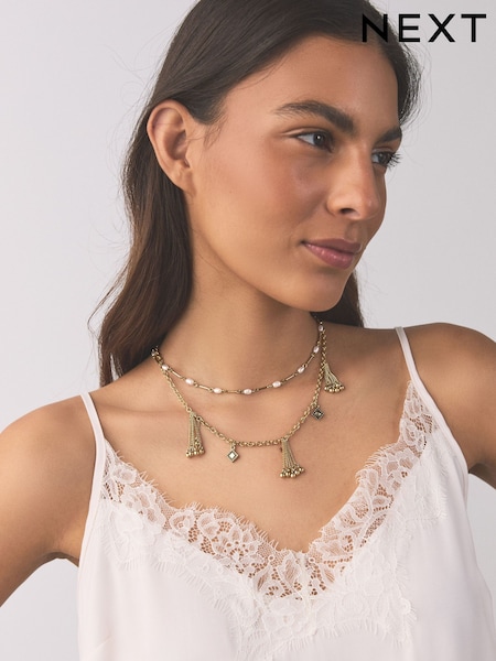 Gold Tone Tassel Chain Layered Necklace (H87347) | £15