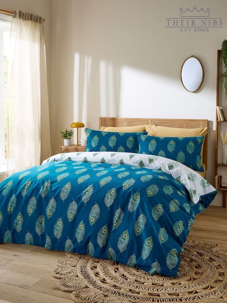 Their Nibs Teal Green Their Nibs Teal Green Peacock Feather Cotton Reversible Duvet Cover Set (H87413) | £30 - £60