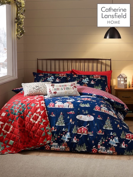 Catherine Lansfield Blue Christmas Ski Village Reversible Duvet Cover Set (H87449) | £17 - £35